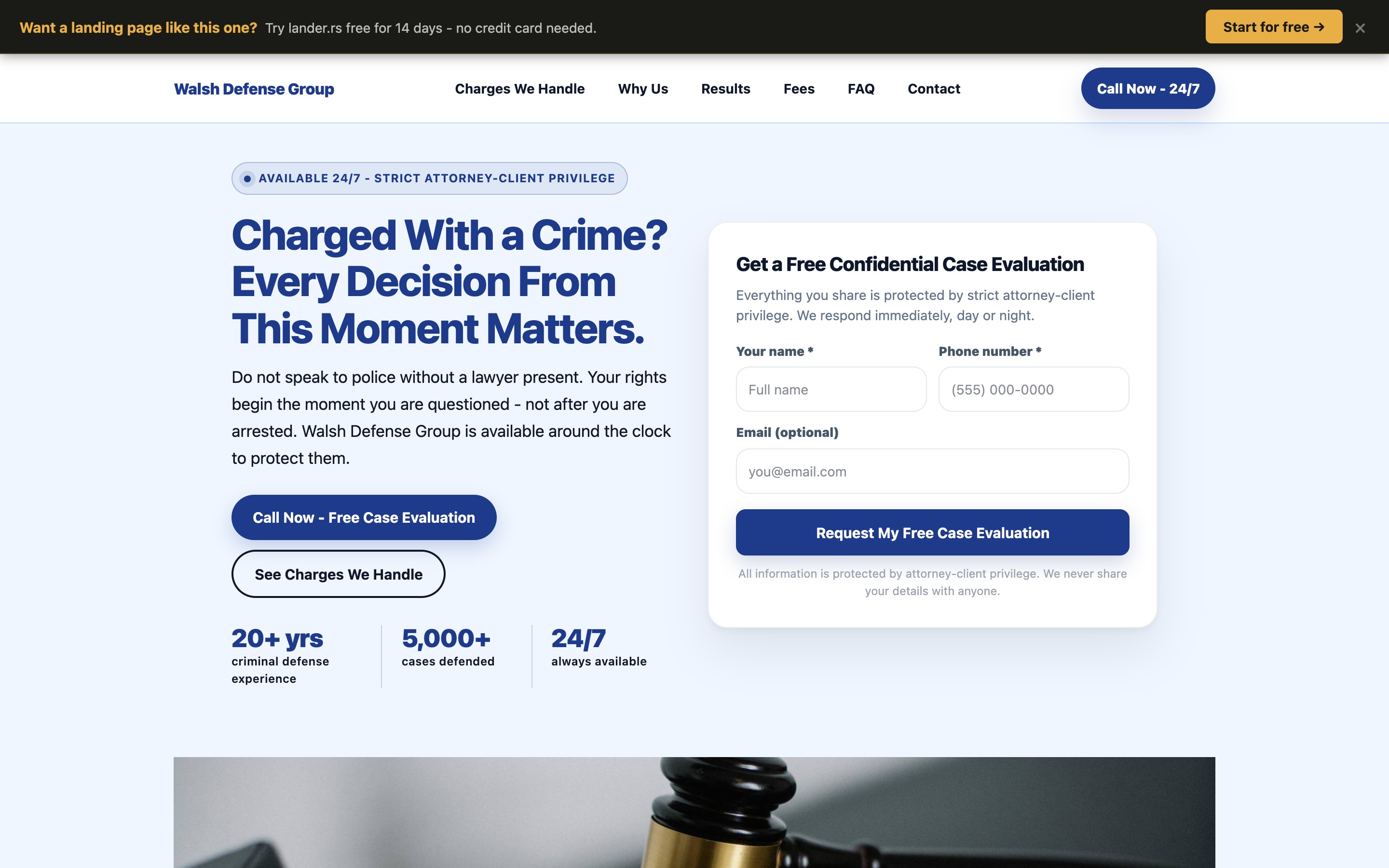 Walsh Defense Group criminal defense landing page - desktop