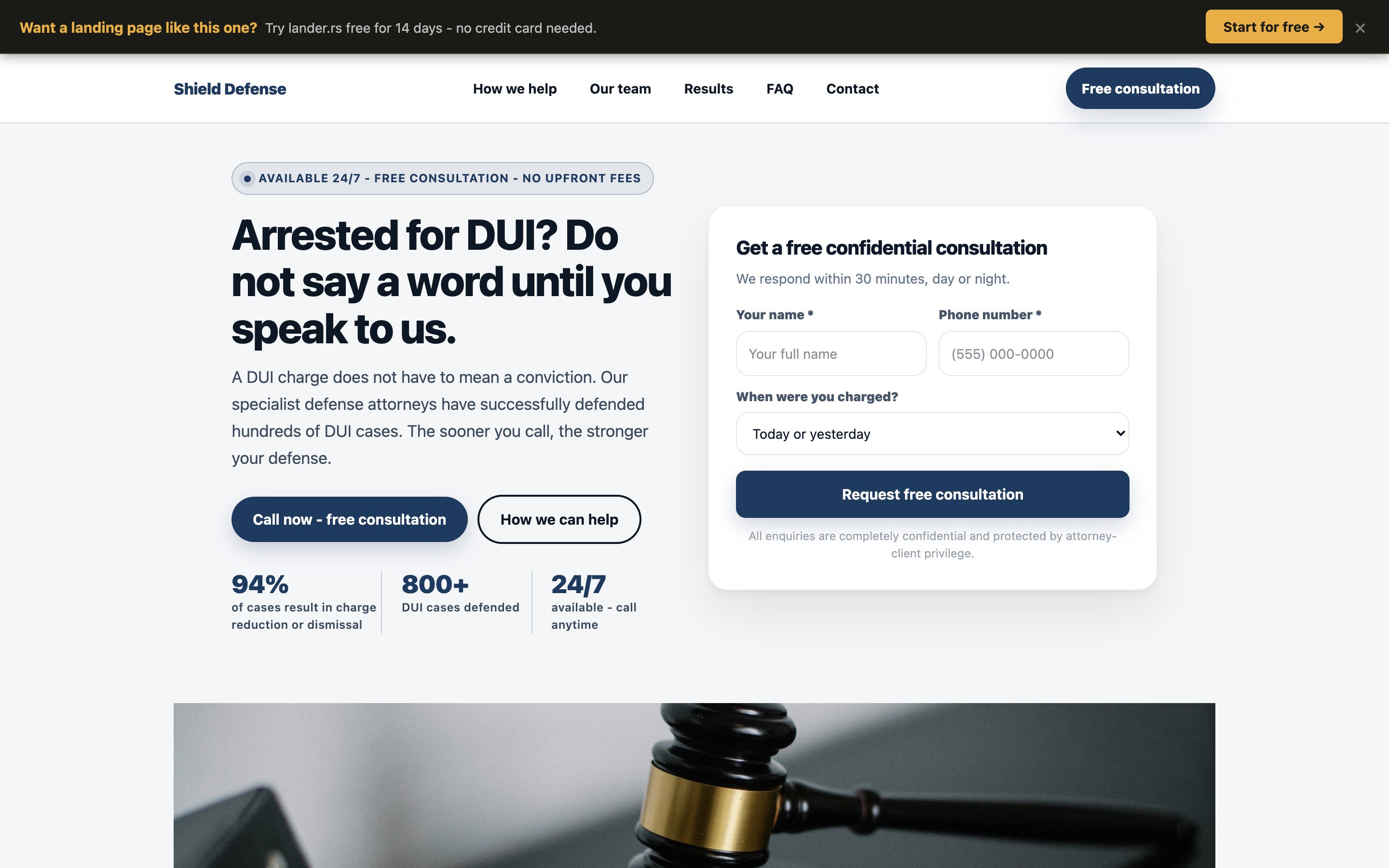 Shield Defense DUI lawyer landing page - desktop