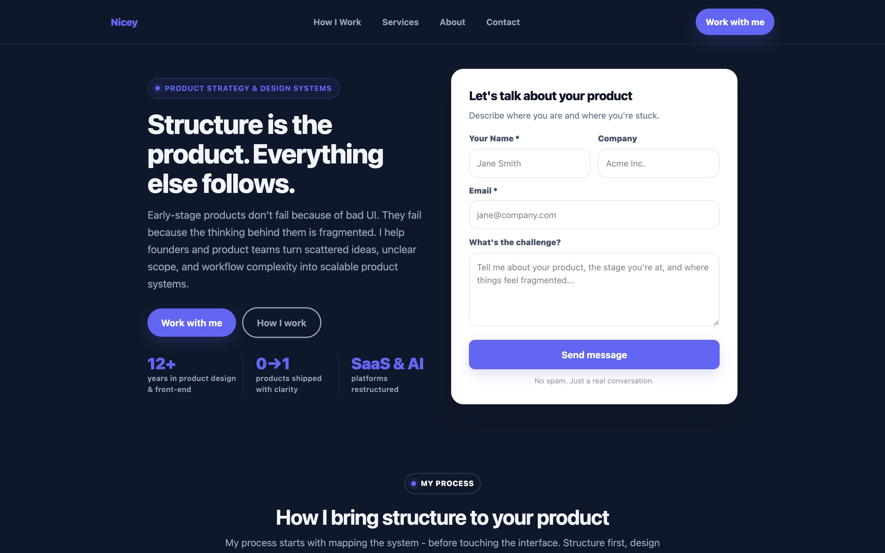 Nicey product designer landing page - desktop