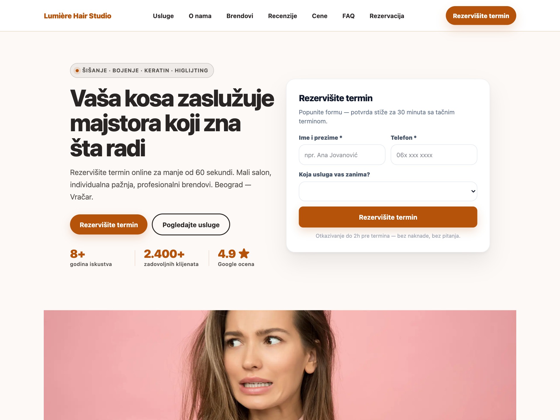 Lumière Hair Studio landing page template preview