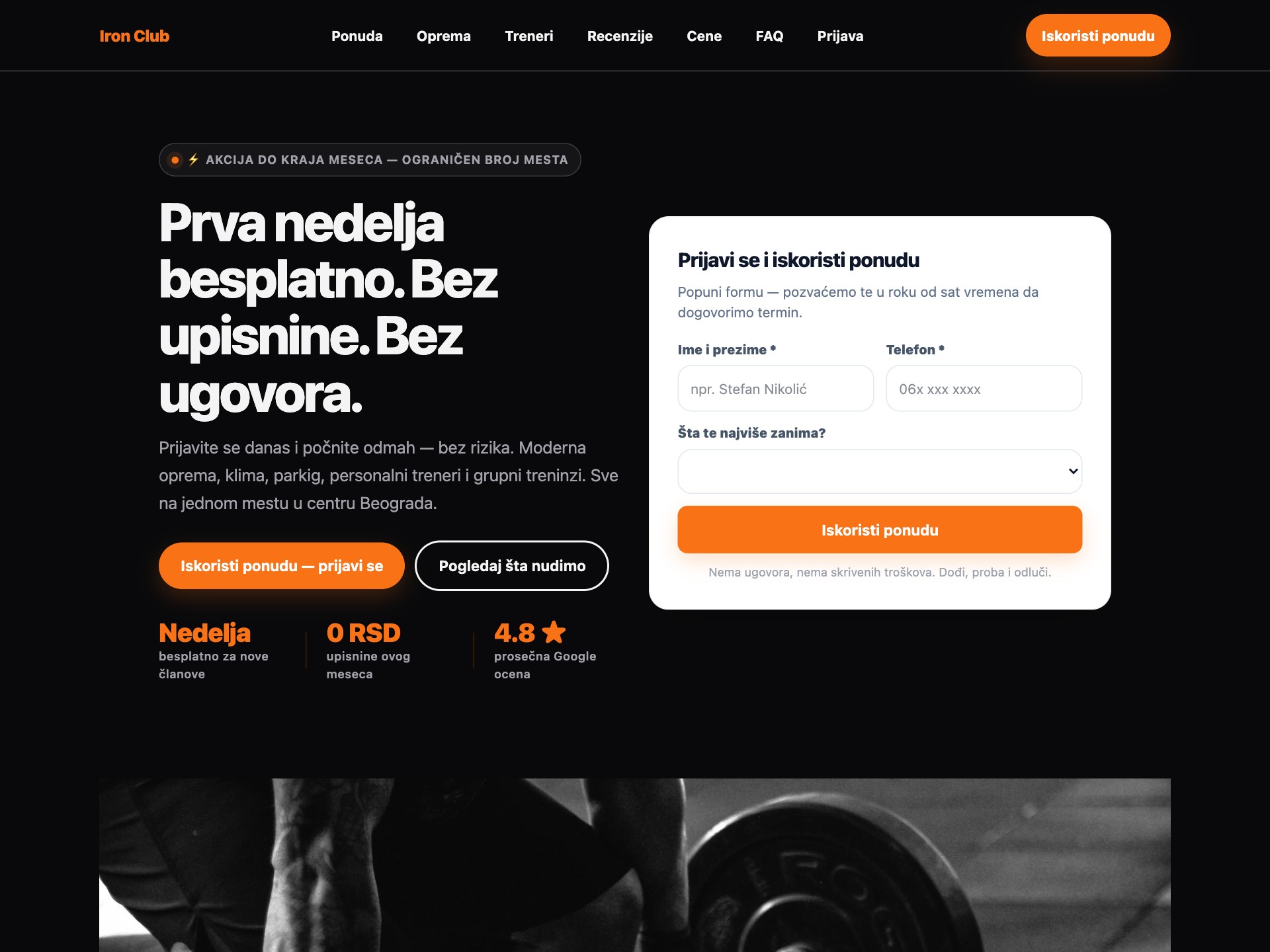 Iron Club Belgrade landing page template preview