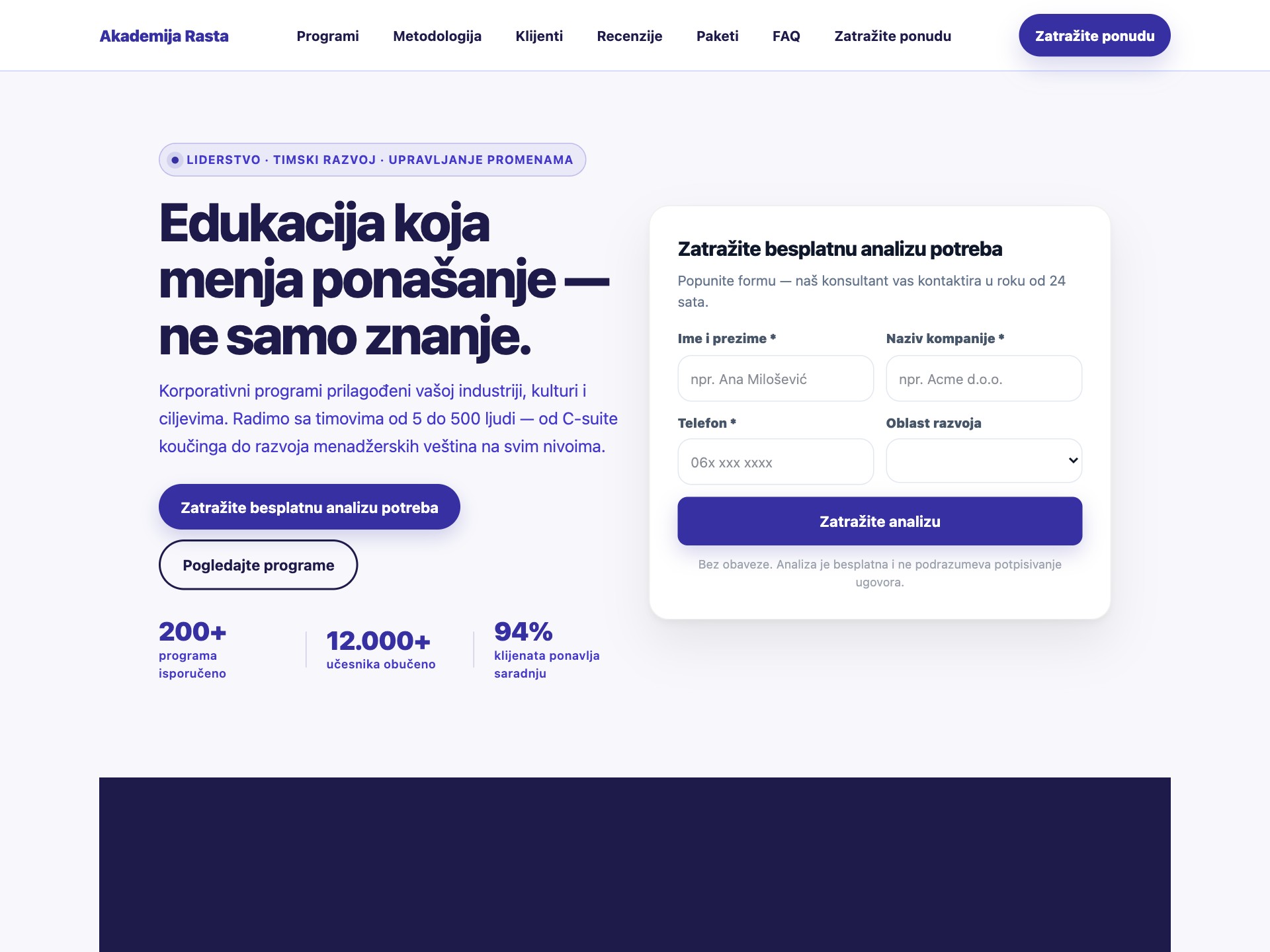 Akademija Rasta landing page template preview